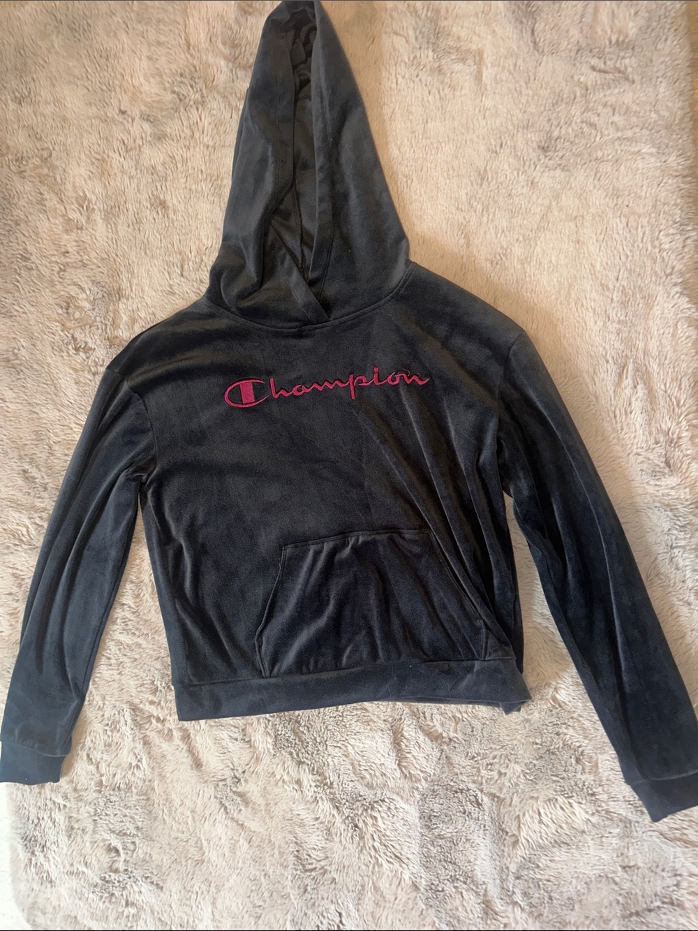 Champion Black Hoodie with Pink Script Logo